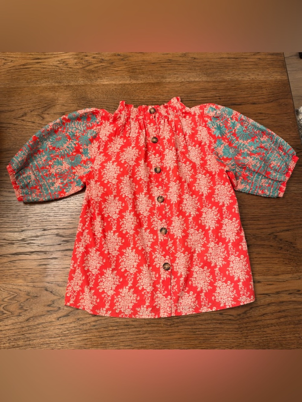 THML Embroidered Puff Sleeve Blouse Medium Coral Turquoise Boho Cotton - Picture 9 of 12